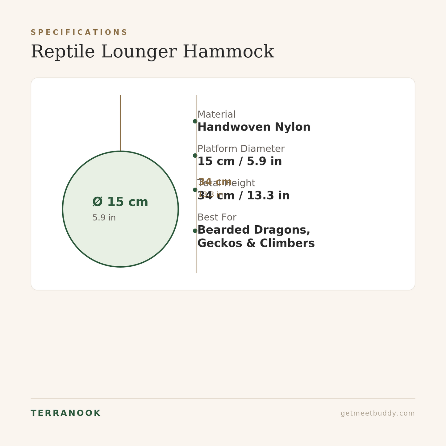 Reptile hammock dimensions - 15cm platform, 34cm height