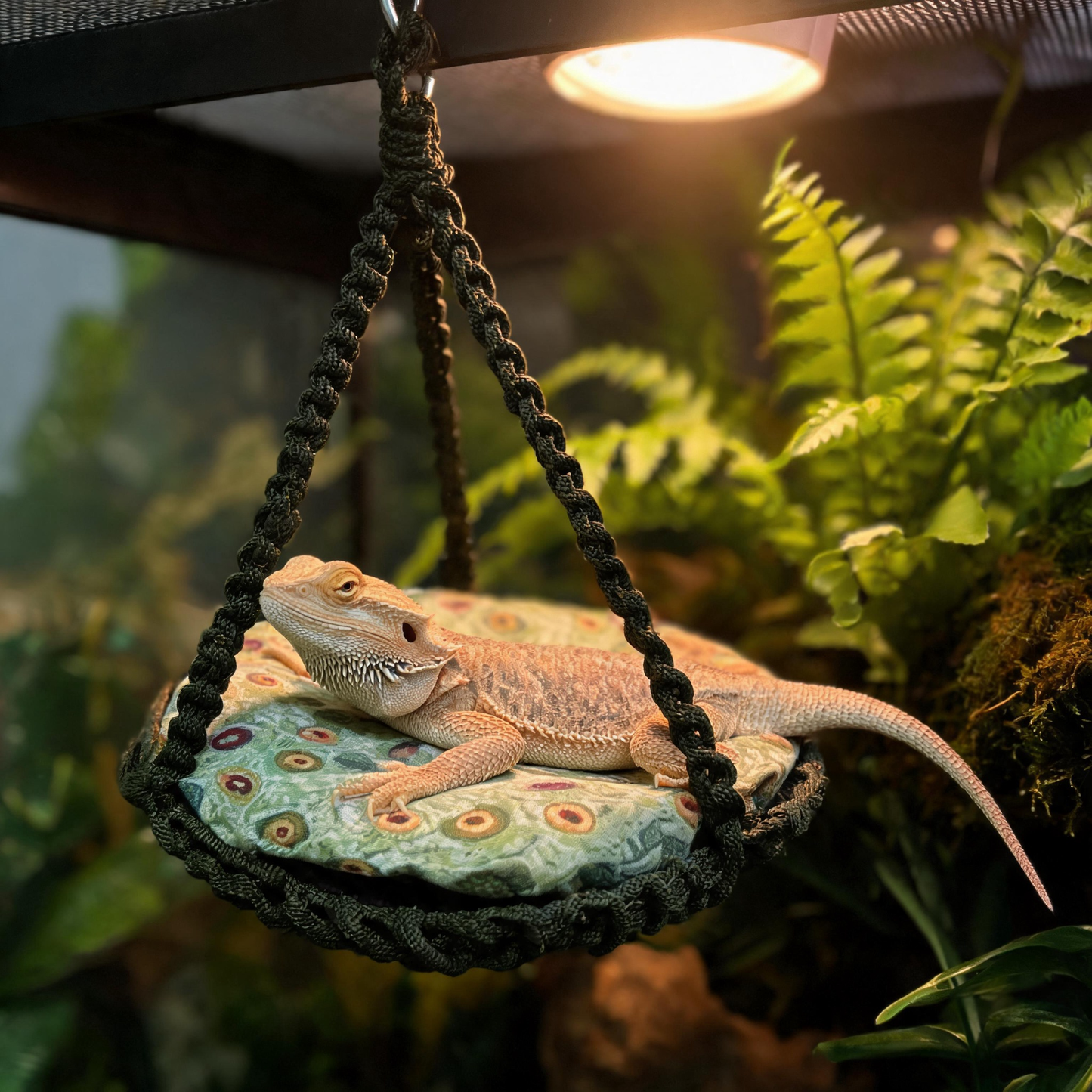 Bearded dragon relaxing on handwoven reptile hammock under basking light