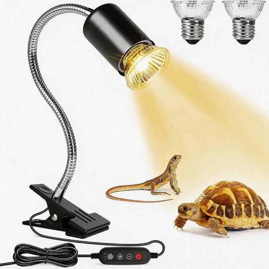 Reptile Heat Lamp Fixture with Auto Timer, US Plug 2-Prong, Flexible Gooseneck Clip-on Stand for Tortoise, Lizard, Bearded Dragon (Bulb Not Included)
