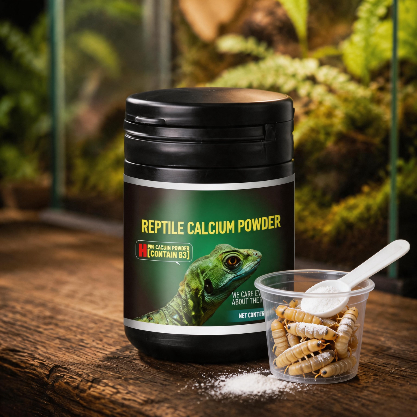 Reptile calcium powder jar with dusted feeder insects in terrarium setting