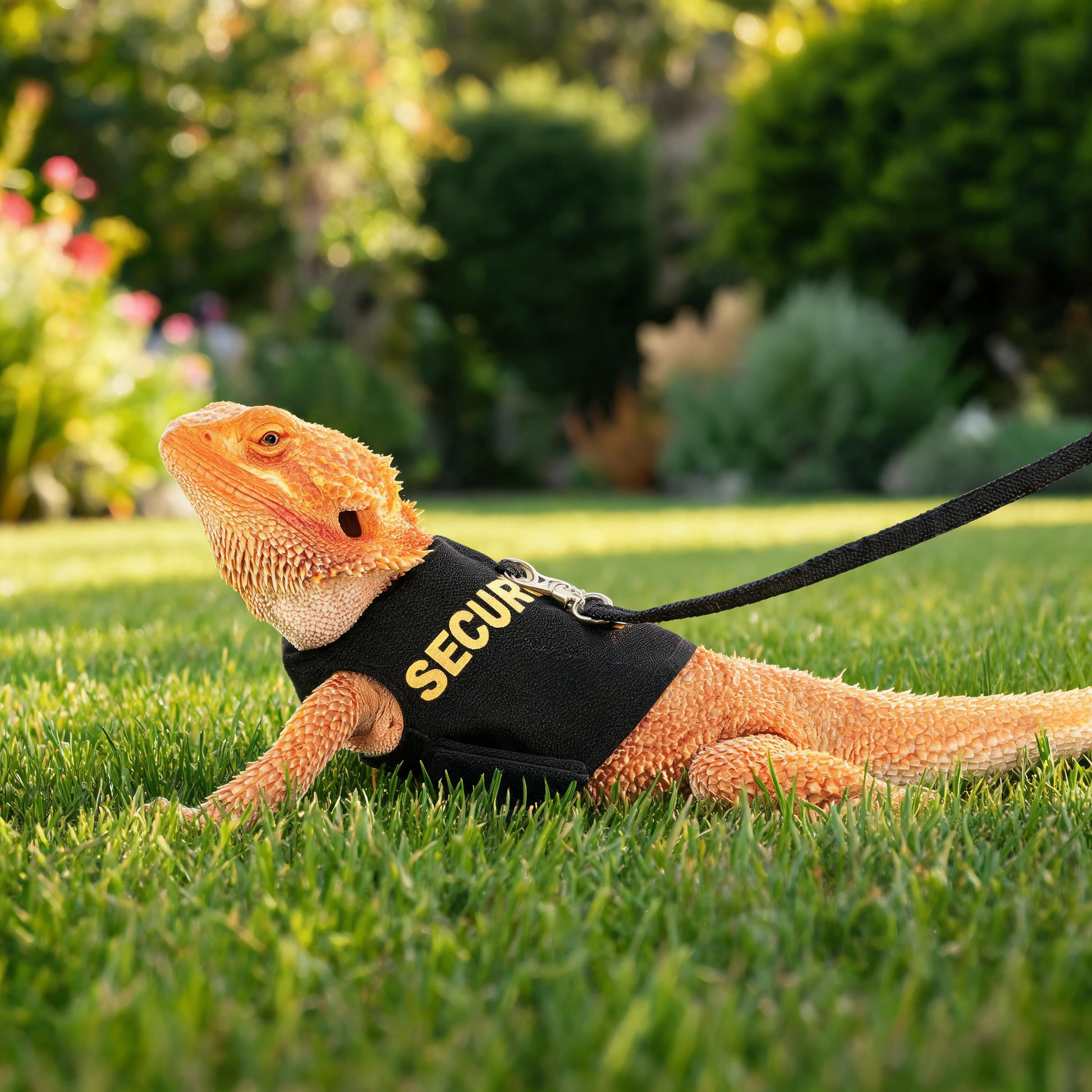 Bearded dragon on leash walking on grass