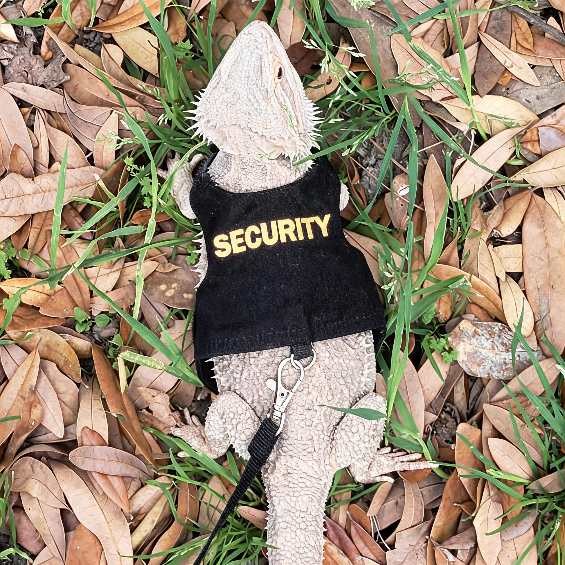 Lizard wearing security vest harness outdoors