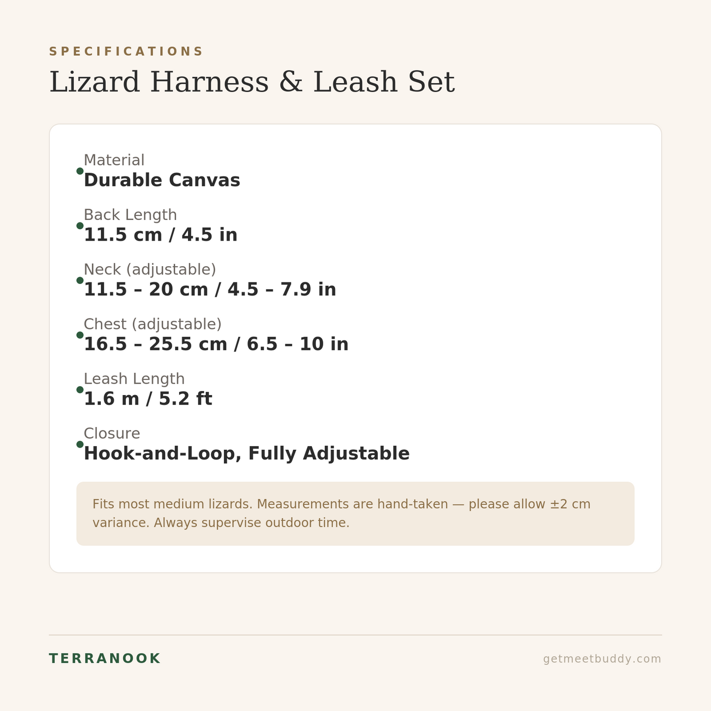 Lizard harness size guide - adjustable neck and chest measurements