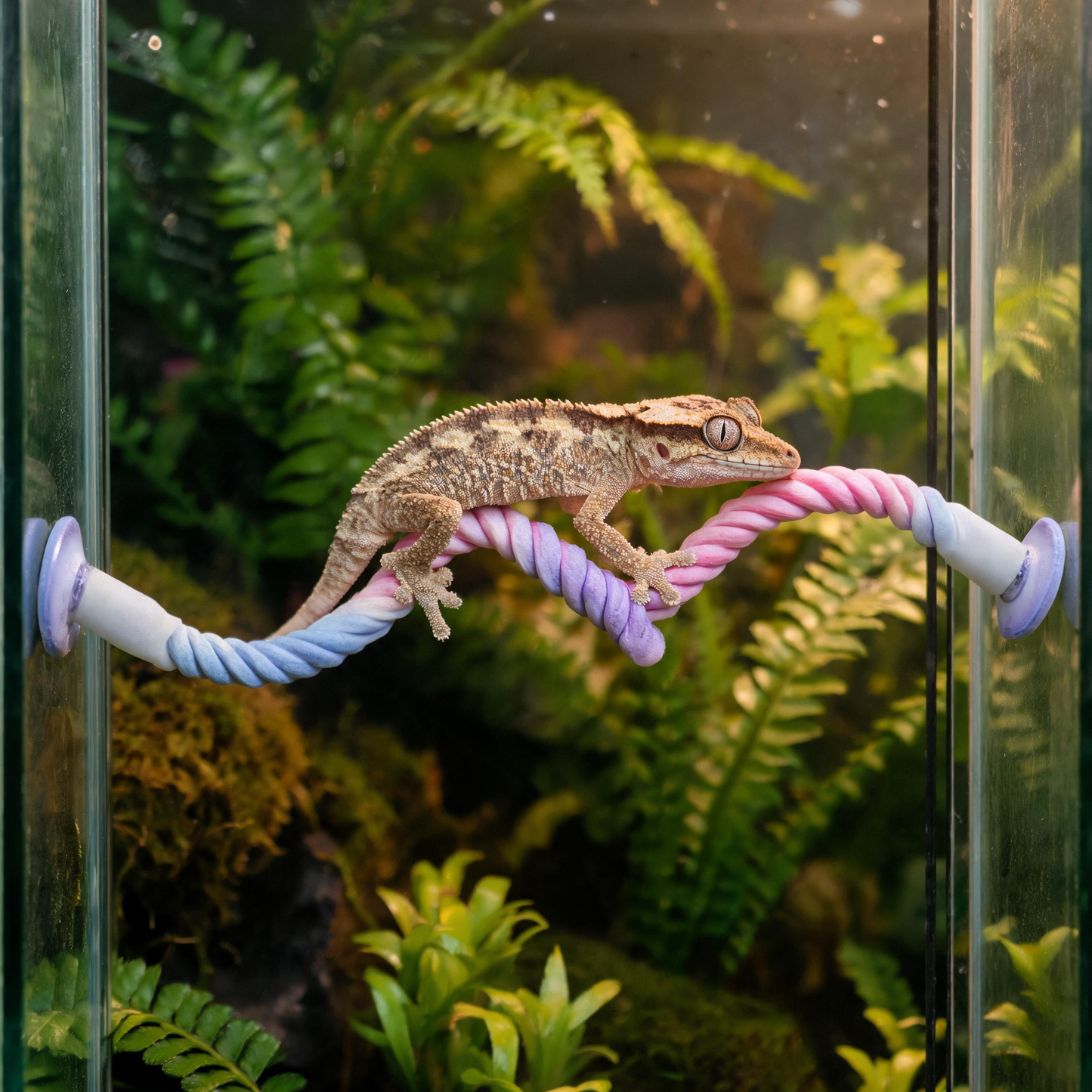 Flexible climbing rope with suction cups mounted in terrarium